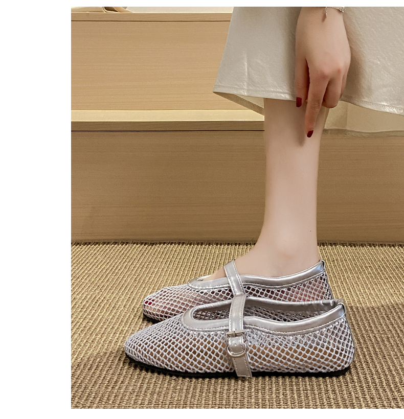 Women's Breathable Mesh Mary Jane Flats - Soft Sole Summer Fishnet Sandals with Square Toe