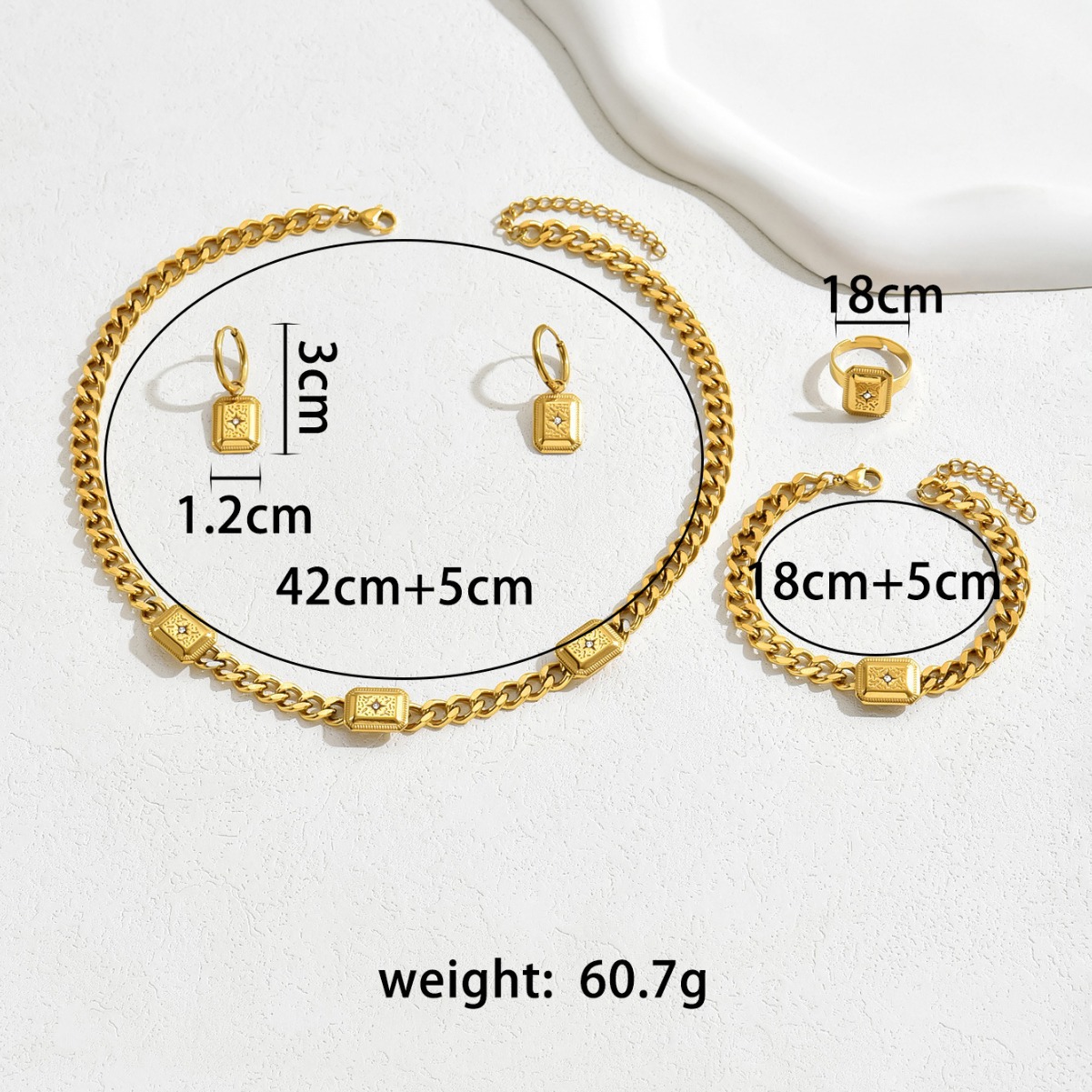 Vintage Court Style Jewelry Set for Women - Geometric Cubic Zirconia Bracelet, Ring, Earrings & Long Necklace
