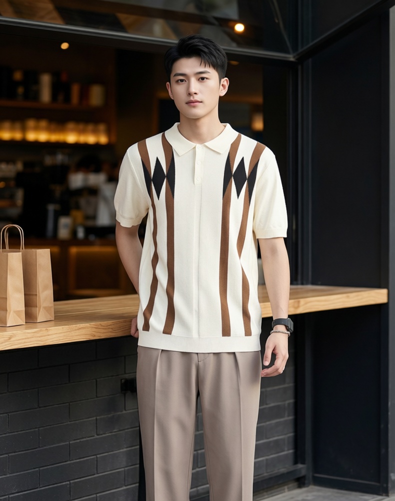 Men's Old Money Style Ice Silk Knit Polo Shirt - Slim Fit Argyle Color-Block Short Sleeve Polo