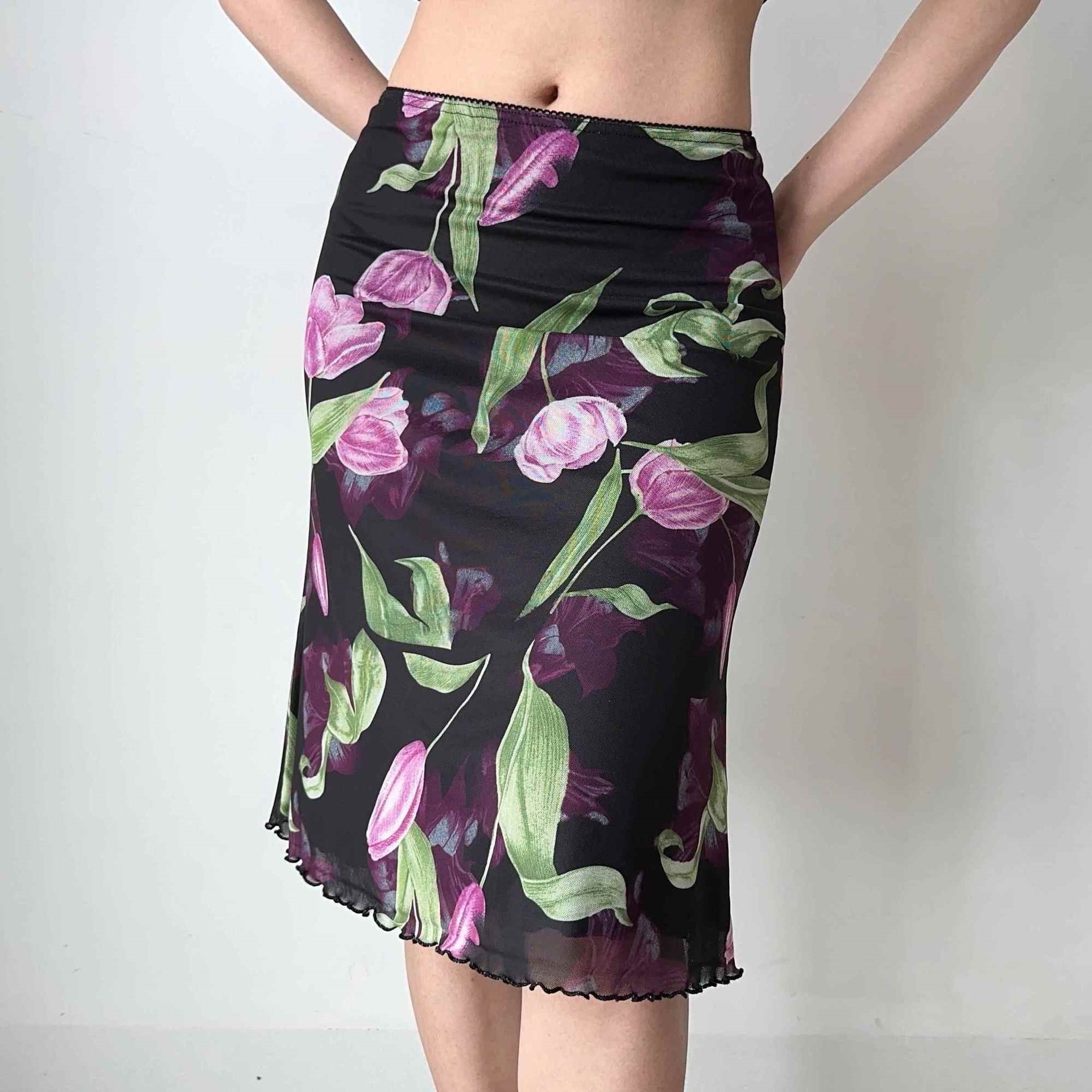 Elegant Floral Print Mesh Fishtail Midi Skirt for Women | Slim-Fit Summer A-Line Skirt