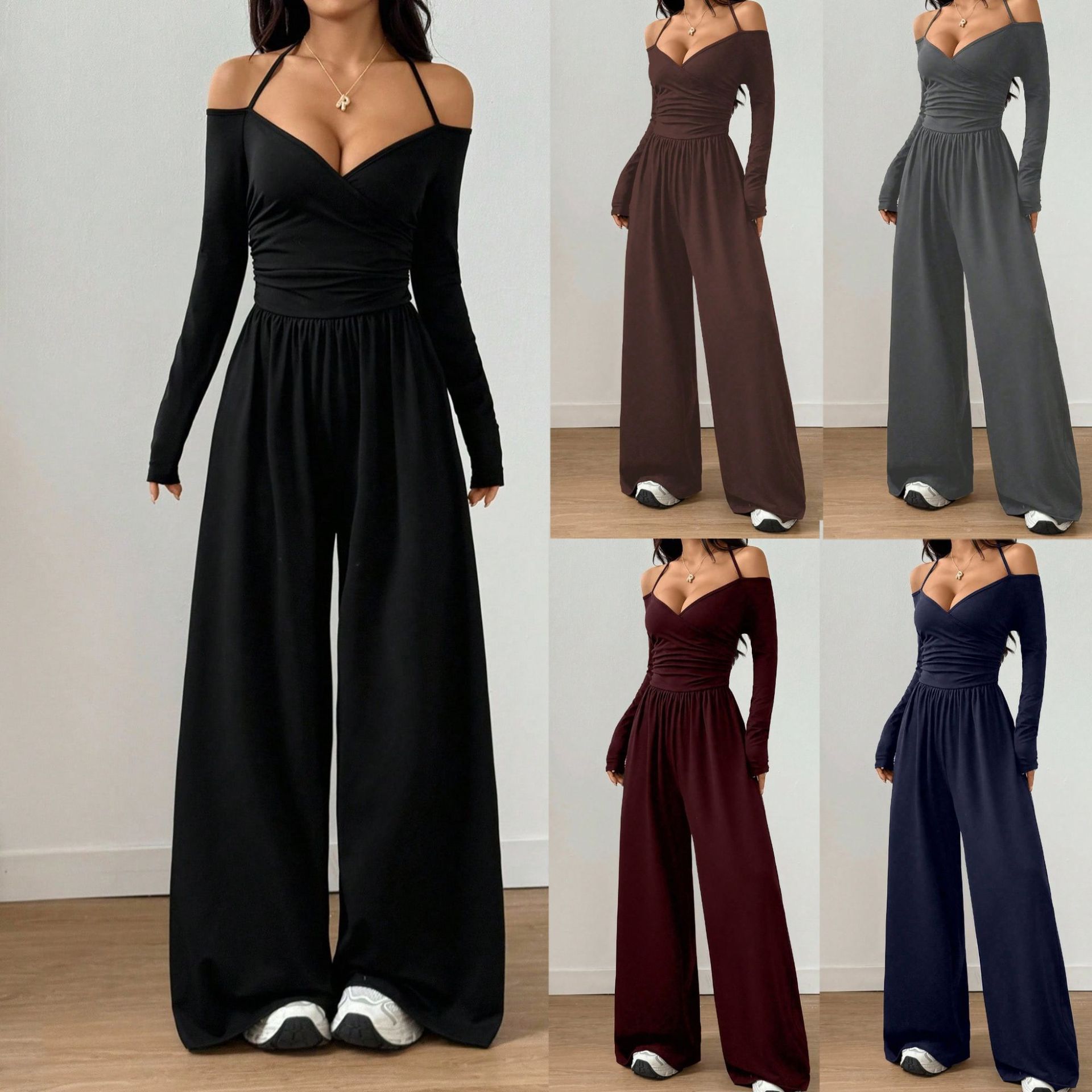Elegant V-Neck Halter Lace-Up Wide-Leg Jumpsuit for Women - Chic Long Sleeve One-Piece