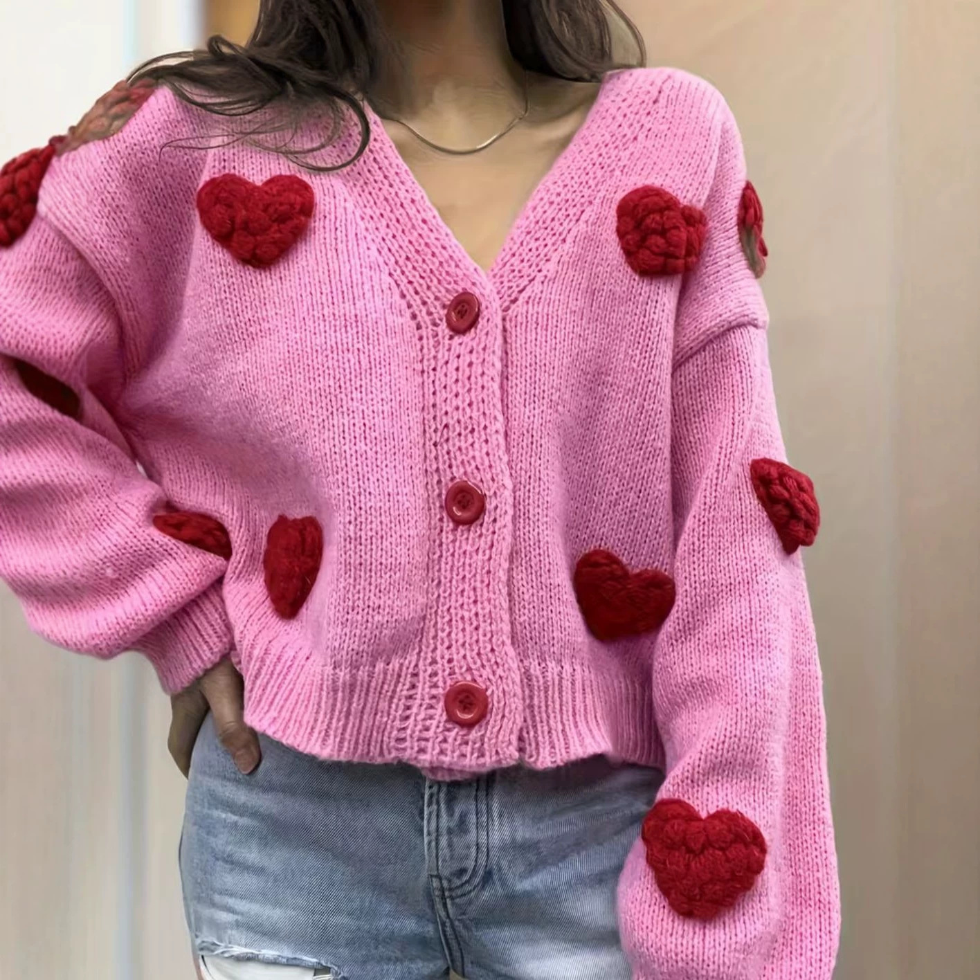 Women's Sweet Heart Motif Knitted Cardigan – Cozy 3D Embellished Sweater