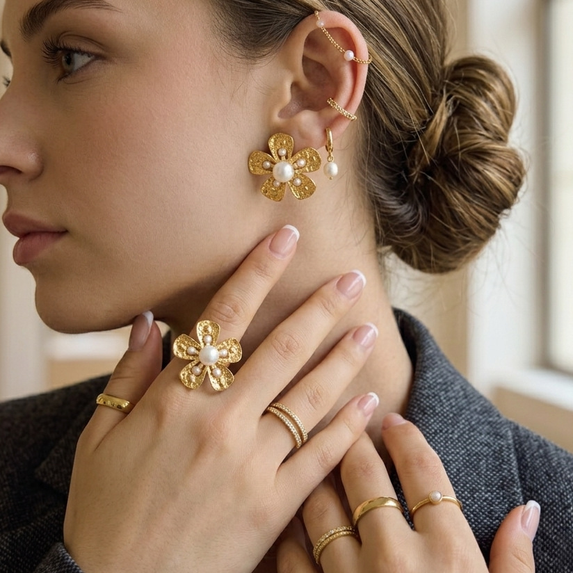Elegant Floral Pearl Jewelry Collection | Non-Tarnish Titanium Steel Earrings & Ring