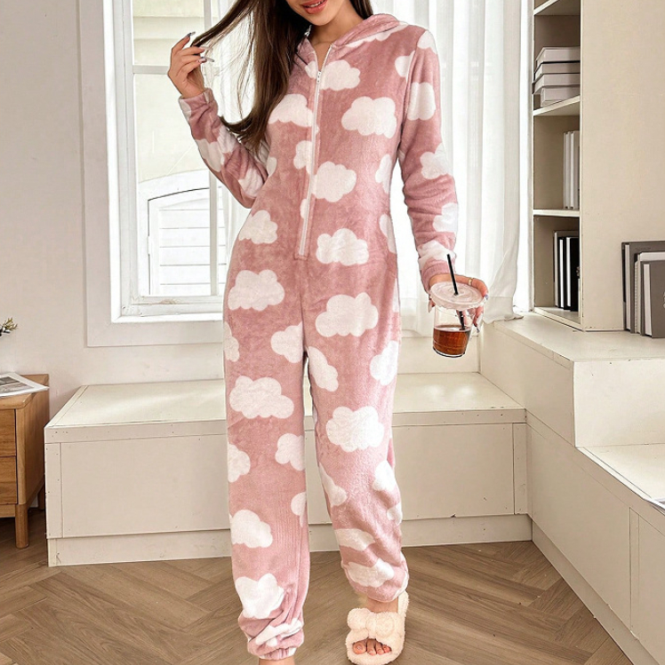 Cozy And Warm Plush Onesie Pajamas Womens Hooded Long-sleeve Loungewear