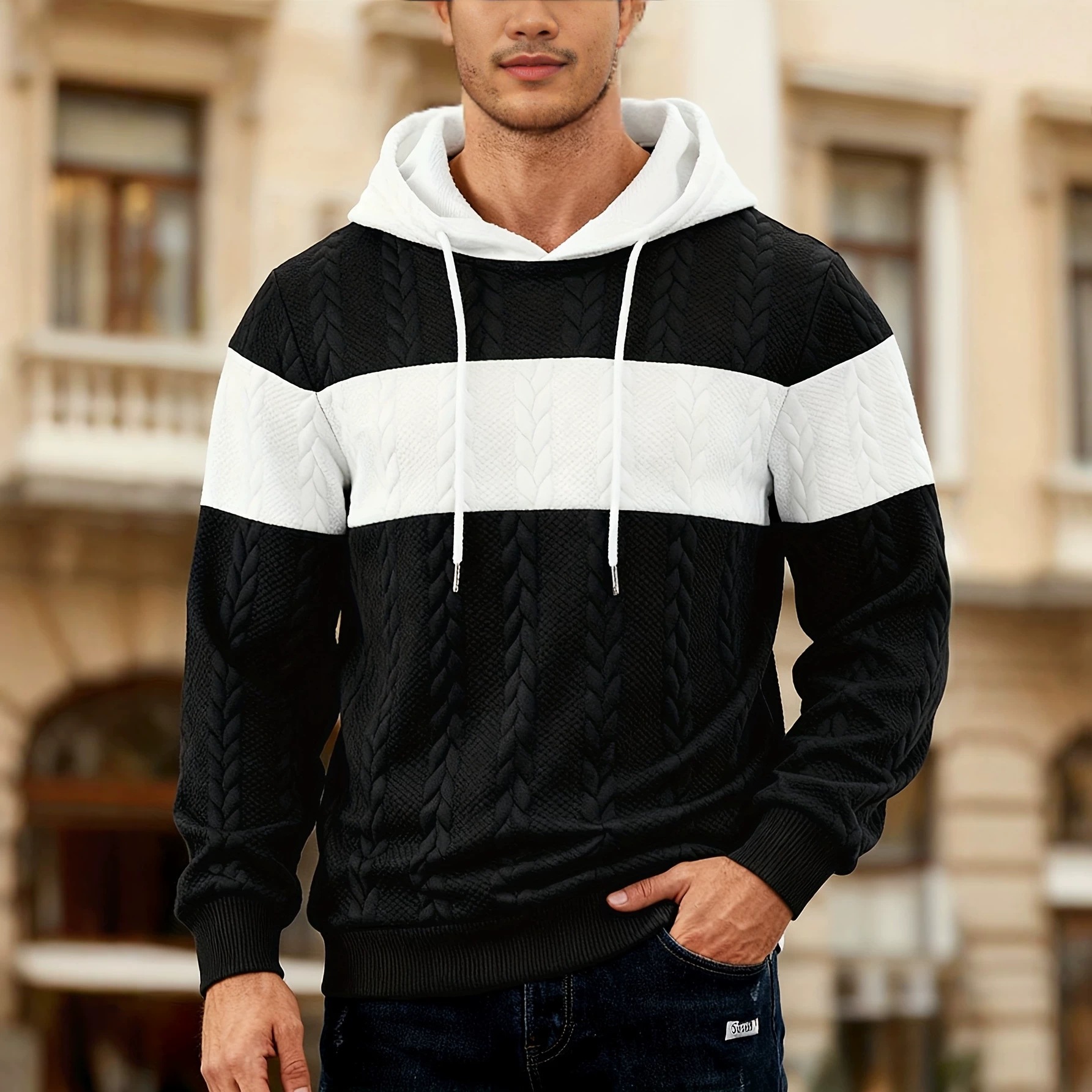 Men's Color-Block Loose-Fit Hooded Sweatshirt | Premium Jacquard Pullover Hoodie