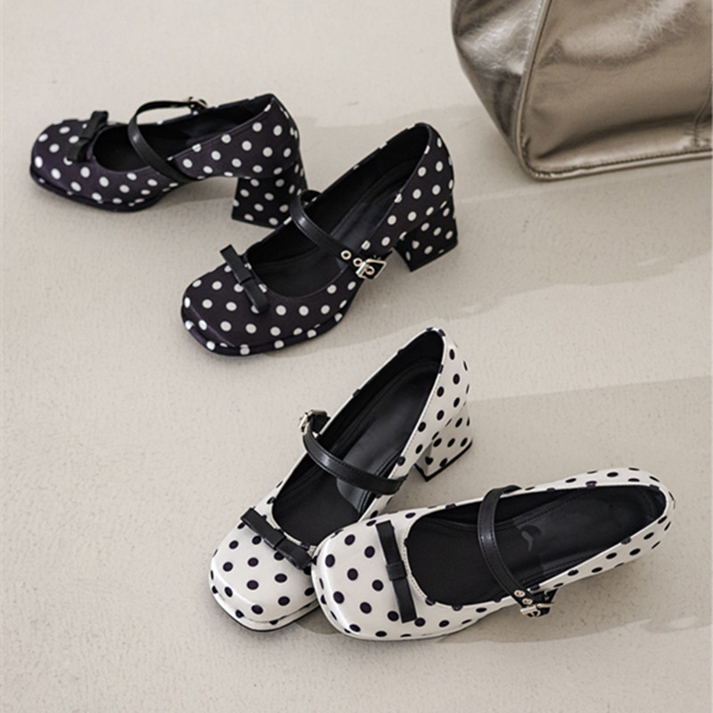 Elegant Polka Dot Bow Mary Jane High Heels – Sweet Square Toe Chunky Heel Pumps for Women