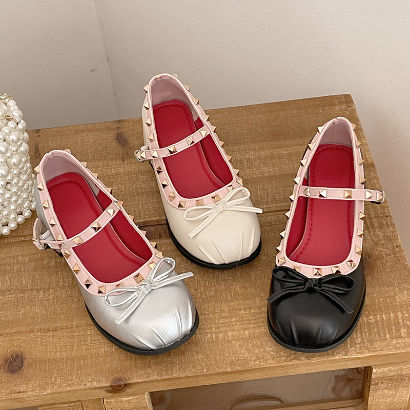 Elegant French Ballet Mary Jane Shoes - Summer Square Low Heel Pumps with Bow & Rivet Details