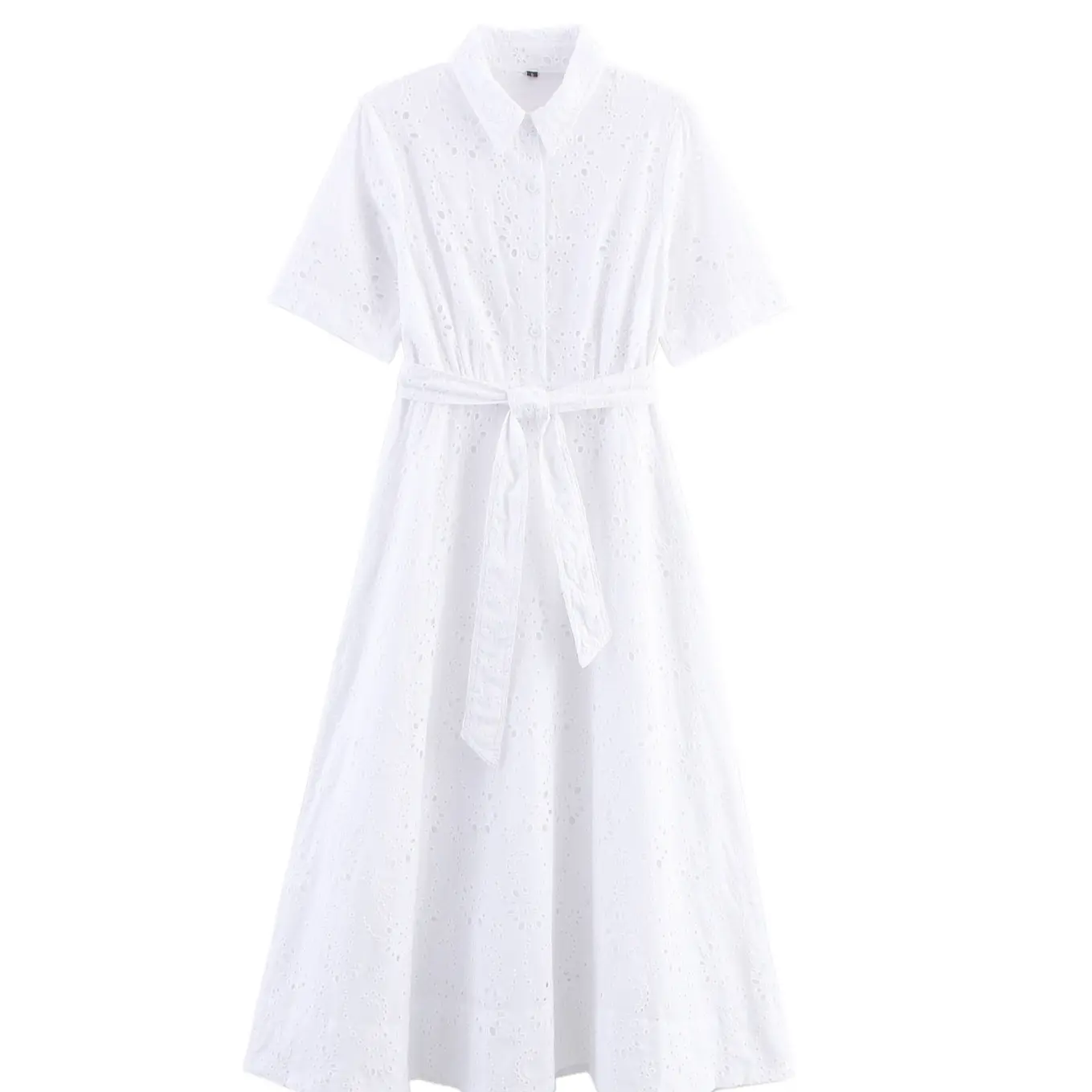 Women's Elegant Hollow-Out Embroidered Belted Midi Dress - Chic Short Sleeve British Style Dress