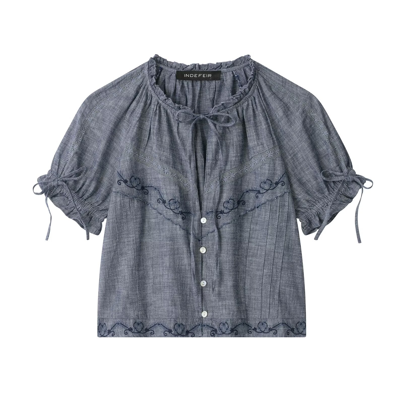 Chic Ruffle-Trim Short Sleeve Summer Shirt - Casual Gray Loose-Fit Top