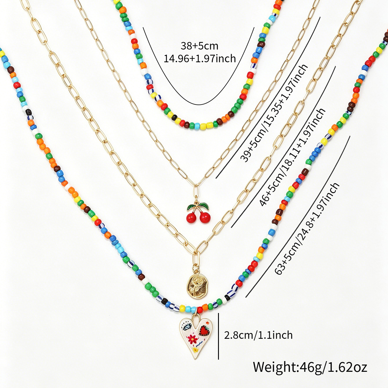 Bohemian Colorful Glass Seed Bead Necklace - Vibrant Cherry & Heart Pendant Choker for Women