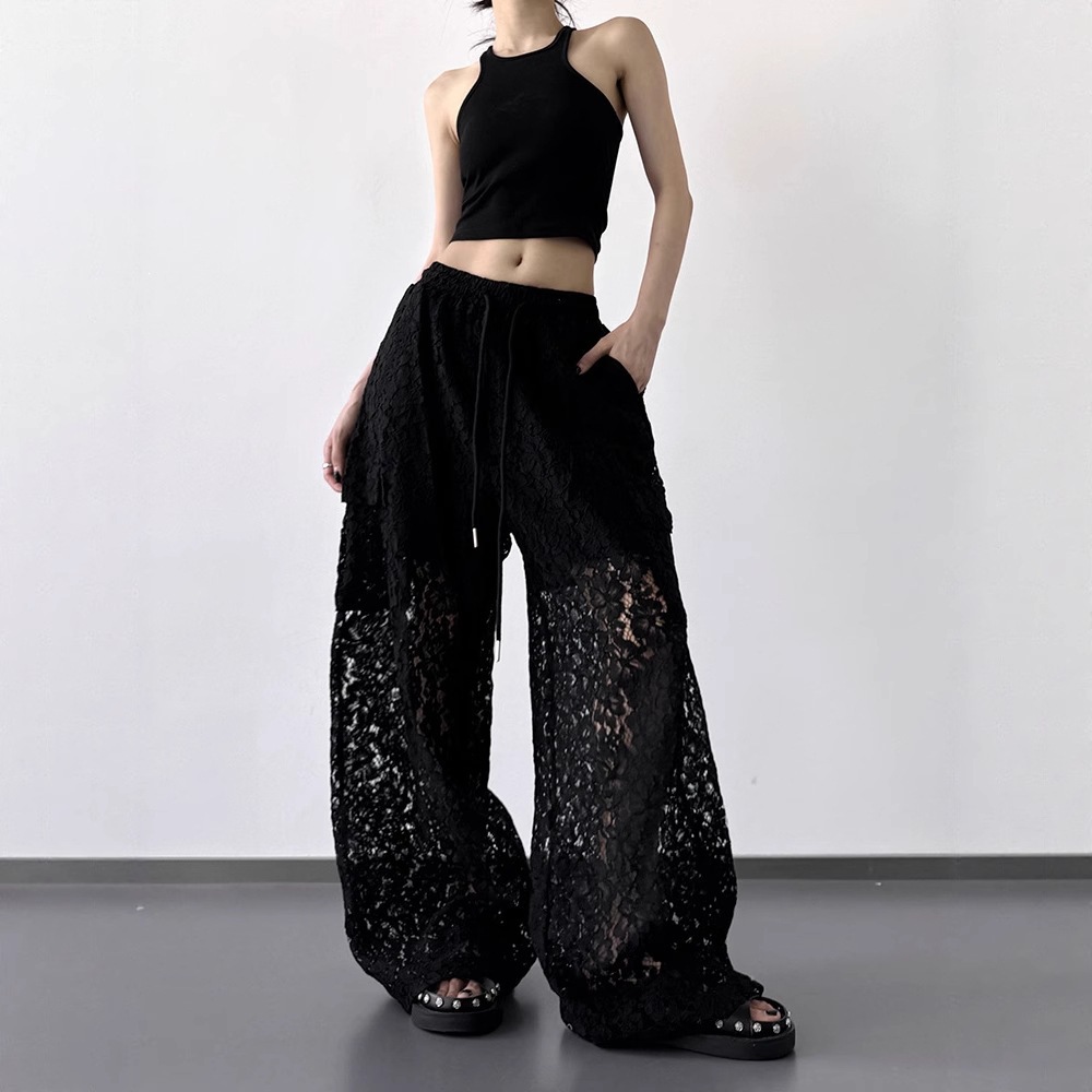 Women's Elegant Lace Patchwork Wide-Leg Pants - Chic Hollow-Out Straight-Leg Trousers with Pockets
