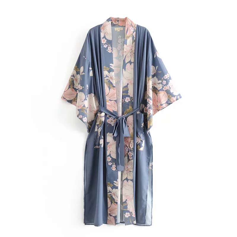Elegant Peacock Print Long Kimono Cardigan - Flowy Duster Coat with Tie Waist & Side Slits