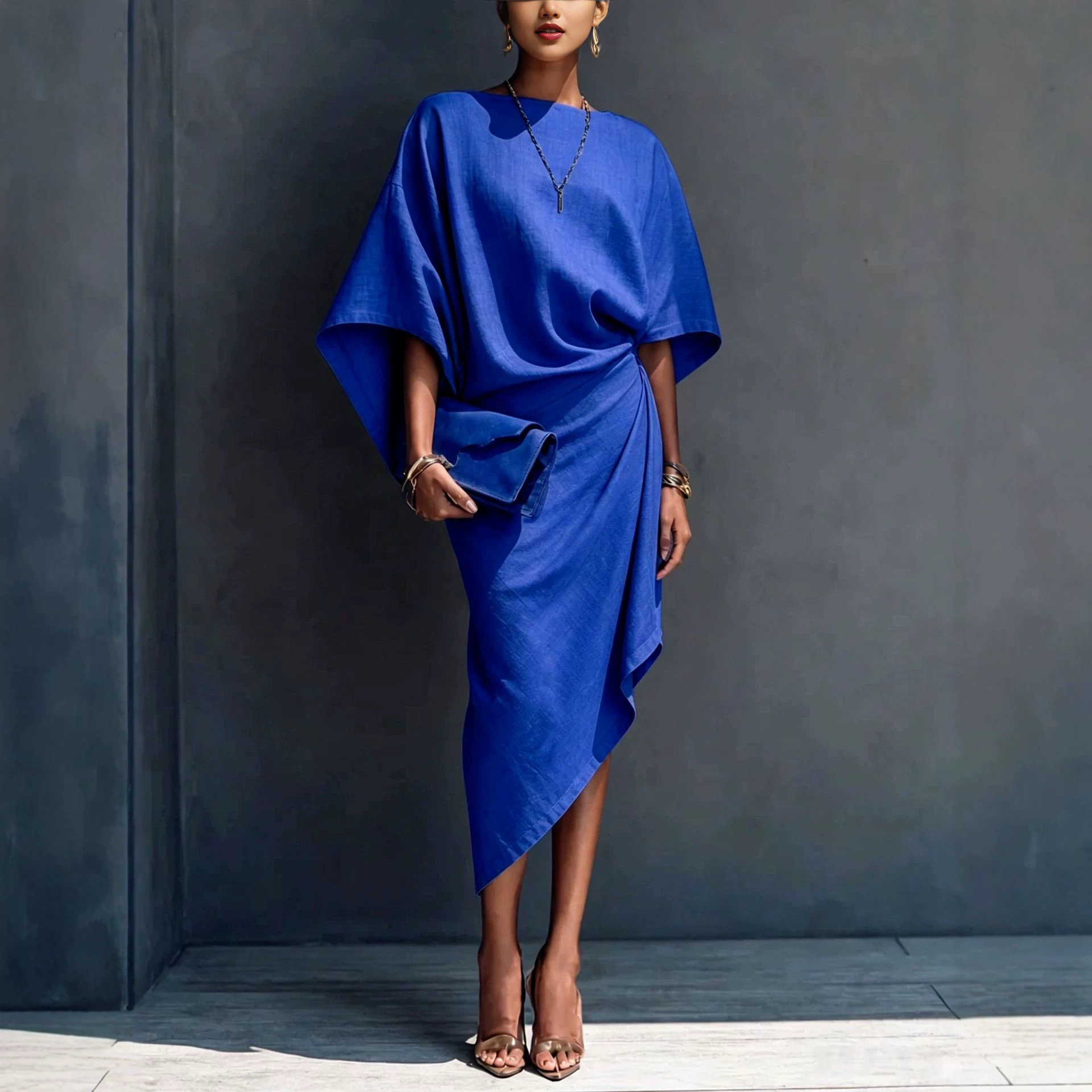 Women's Elegant Batwing Sleeve Midi Dress - Waist-Cinching Asymmetrical Loose-Fit Dress