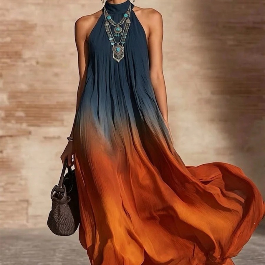 Women's Elegant Halter Neck Gradient Maxi Dress | Vibrant Orange-Red Flowy Long Dress