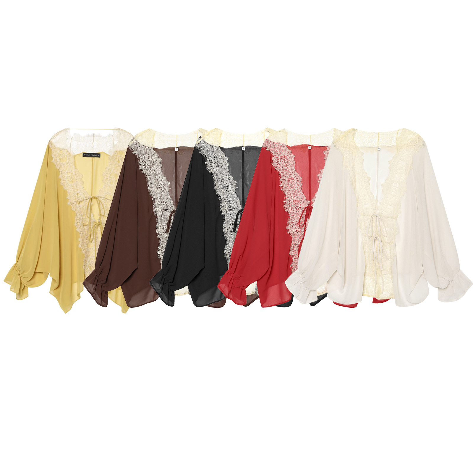 Elegant French-Style Lace Patchwork Blouse - Lightweight Tie-Front Long Sleeve Shirt
