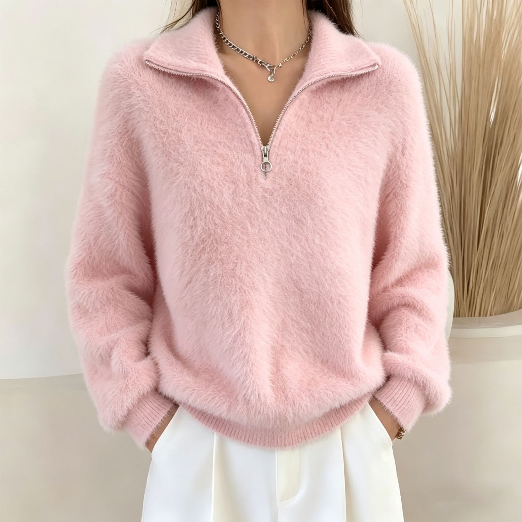 Women's Cozy Lapel Collar Zip-Up Pullover Sweater | Thick Knit Streetwear Jumper