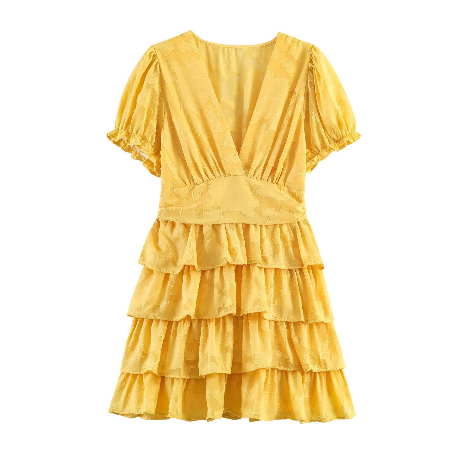 Chic V-Neck Puff Sleeve A-Line Dress - Elegant Waist-Cinched Yellow Mini Dress