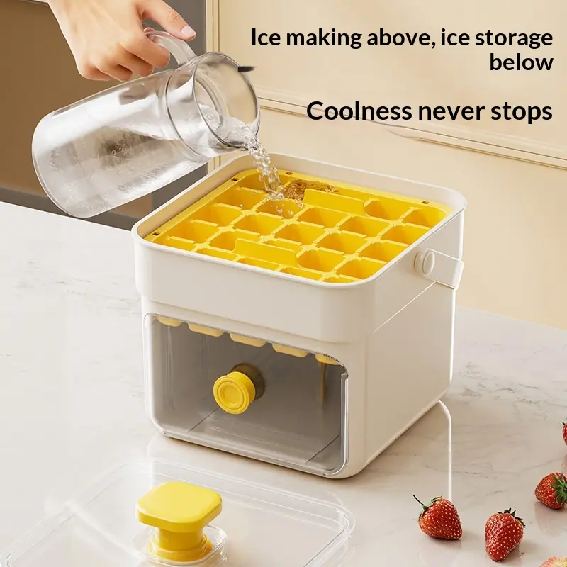 Effortless Press-Type Ice Cube Tray with Storage Box & Scoop | Easy Quick-Release Ice Mold