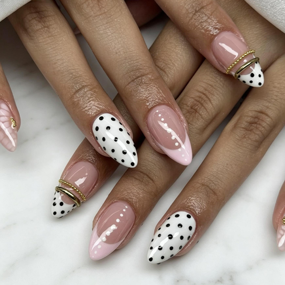 24pc Short Almond Press-On Nails – Elegant French Tip False Nails with 3D Crystal Accents | Reusable Glam Glue-On Nail Kit with Jelly Glue & Nail File