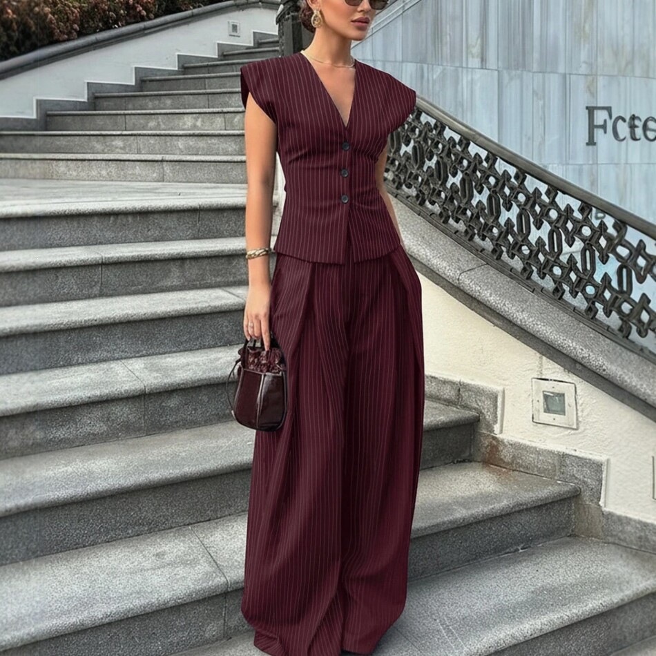 Elegant V-Neck Sleeveless Tank & Wide-Leg Pants Set | Chic 2-Piece Co-ord