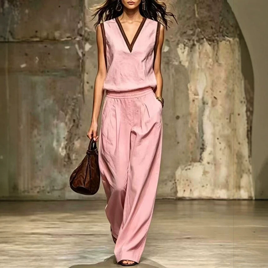 Elegant V-Neck Contrast Sleeveless Top & Wide-Leg Pants Set