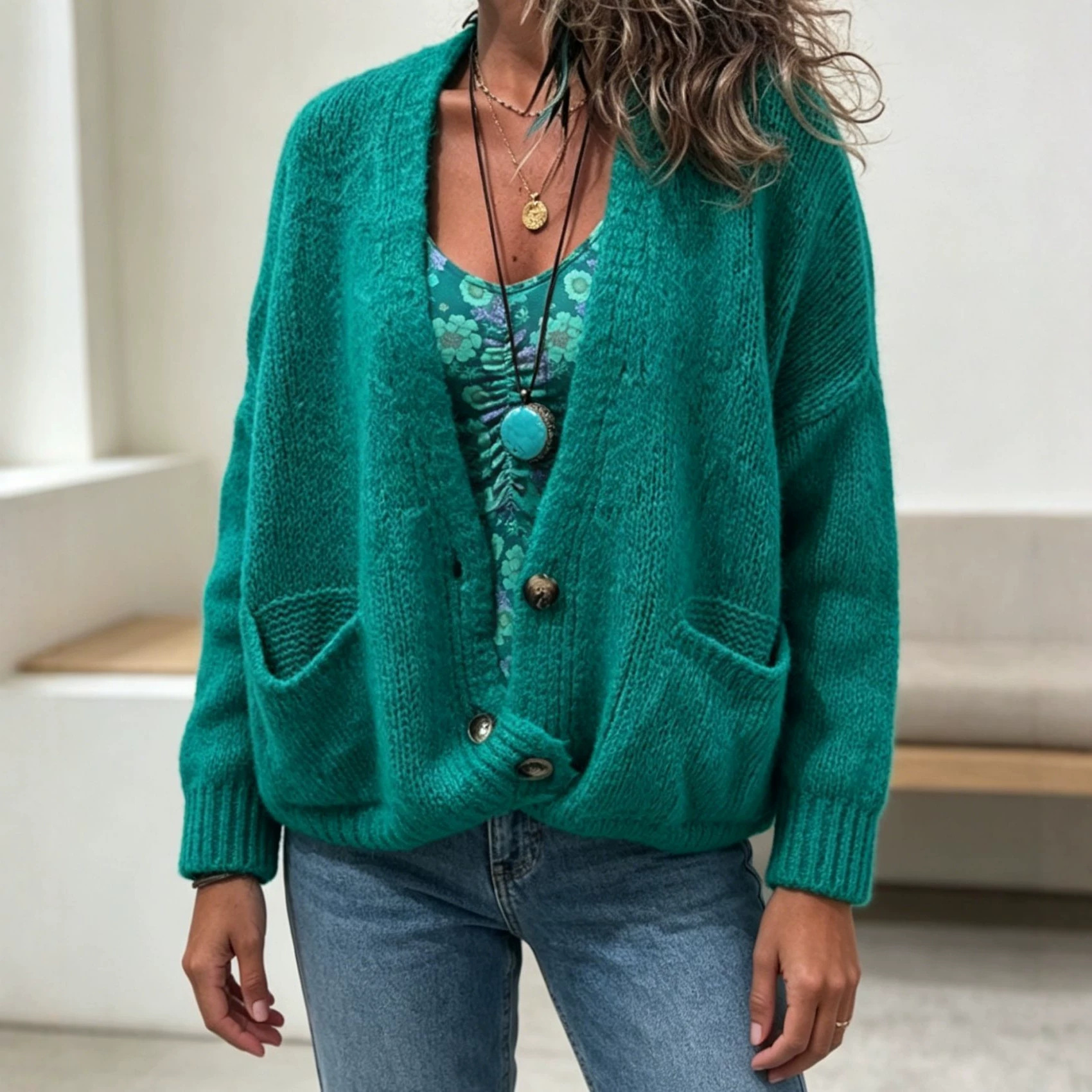 Women's Cozy Knitted Cardigan | Loose-Fit Open-Front Jacquard Sweater with Pockets