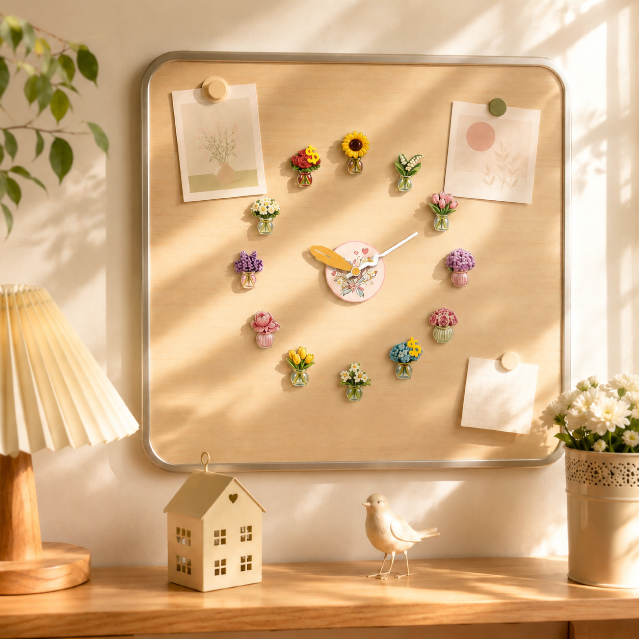 DIY Floral Flower Vase Magnetic Fridge Clock | Silent Quartz Refrigerator Clock & 3D Acrylic Magnet Wall Decor