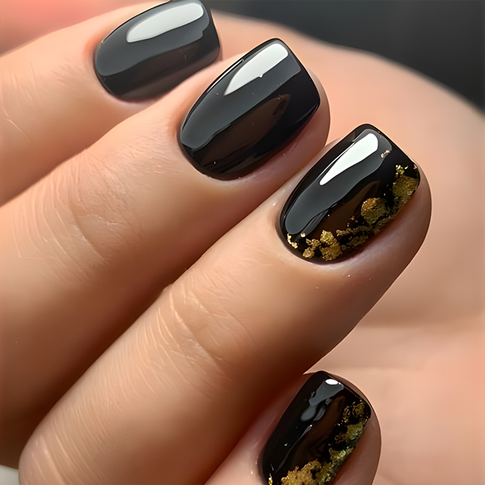 24 Pcs Glam Black & Gold Foil Short Square Press-On Nails Set - Elegant Glitter Acrylic False Nails Kit with Gel & Nail File