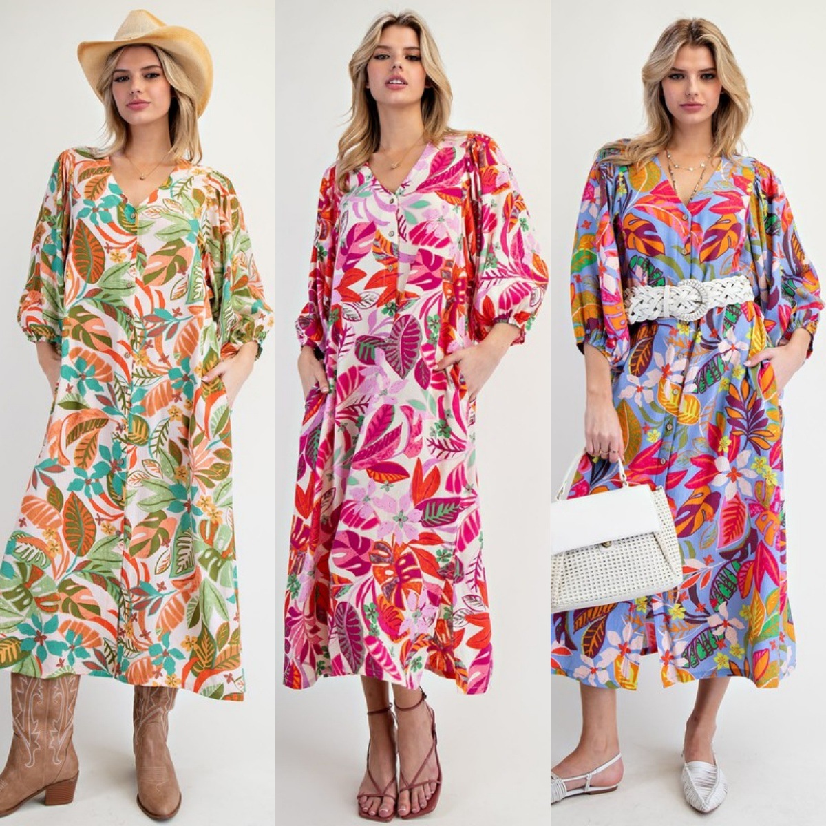 Women's V-Neck Long Sleeve Printed Maxi Dress - Loose Fit Casual A-Line Cardigan Dress