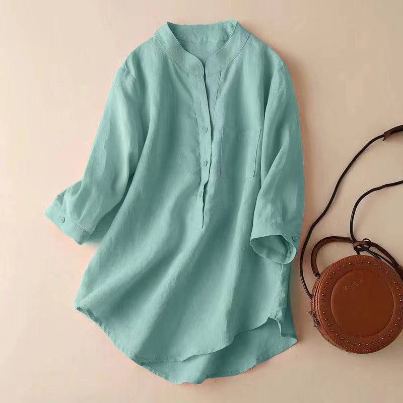 Women's Cotton Linen Mid-Length Shirt - Loose Fit Casual 3/4 Sleeve Blouse