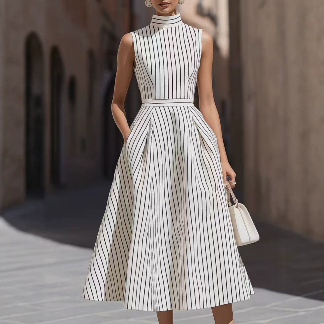 Chic Preppy Striped Sleeveless A-Line Dress with Pleated Hem