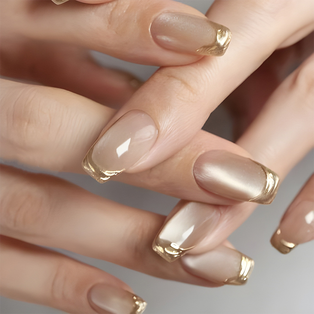 Luxury 3D Gold-Plated Cat-Eye Press-On Nails | 24pc Short Square French-Style Gradient Fake Nail Kit