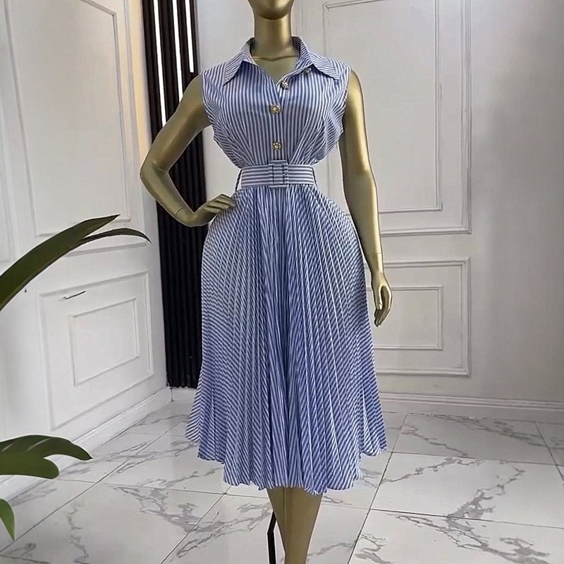 Elegant Sleeveless Striped Midi Dress – High-Waisted Pleated Shirt Dress with Tie Belt
