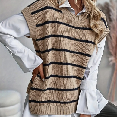Women's Color-Block Striped Sweater Vest | Trendy Relaxed Fit Knit Pullover