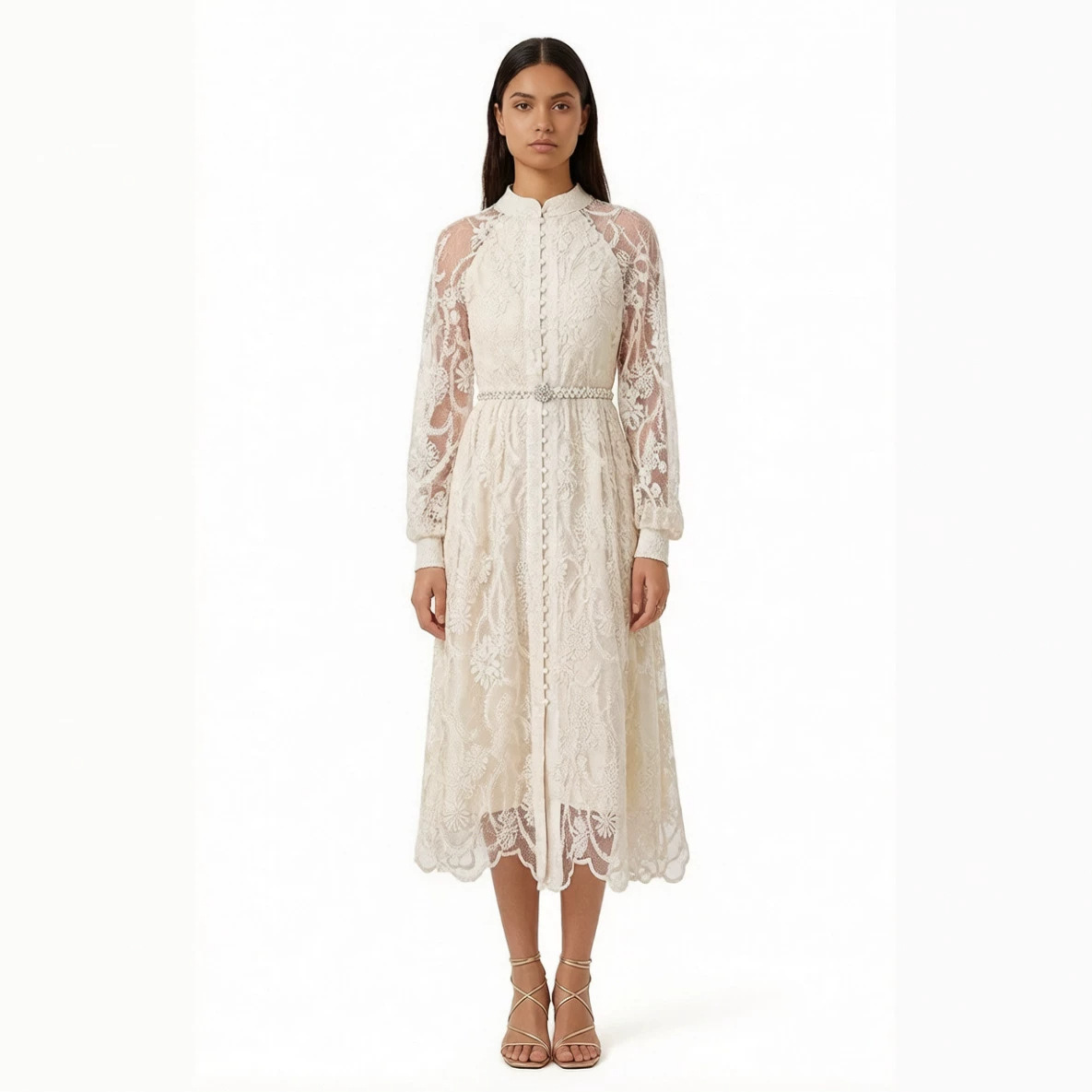 Elegant Embroidered Mesh Maxi Dress - Slim Fit High Waist Lantern Sleeve Long Dress