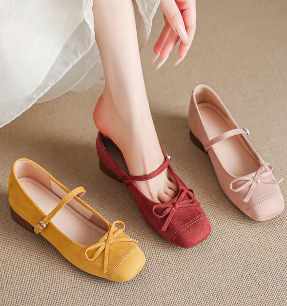 Elegant French Style Square Toe Mary Jane Flats - Nude Pink Suede Commuter Shoes with Low Block Heel
