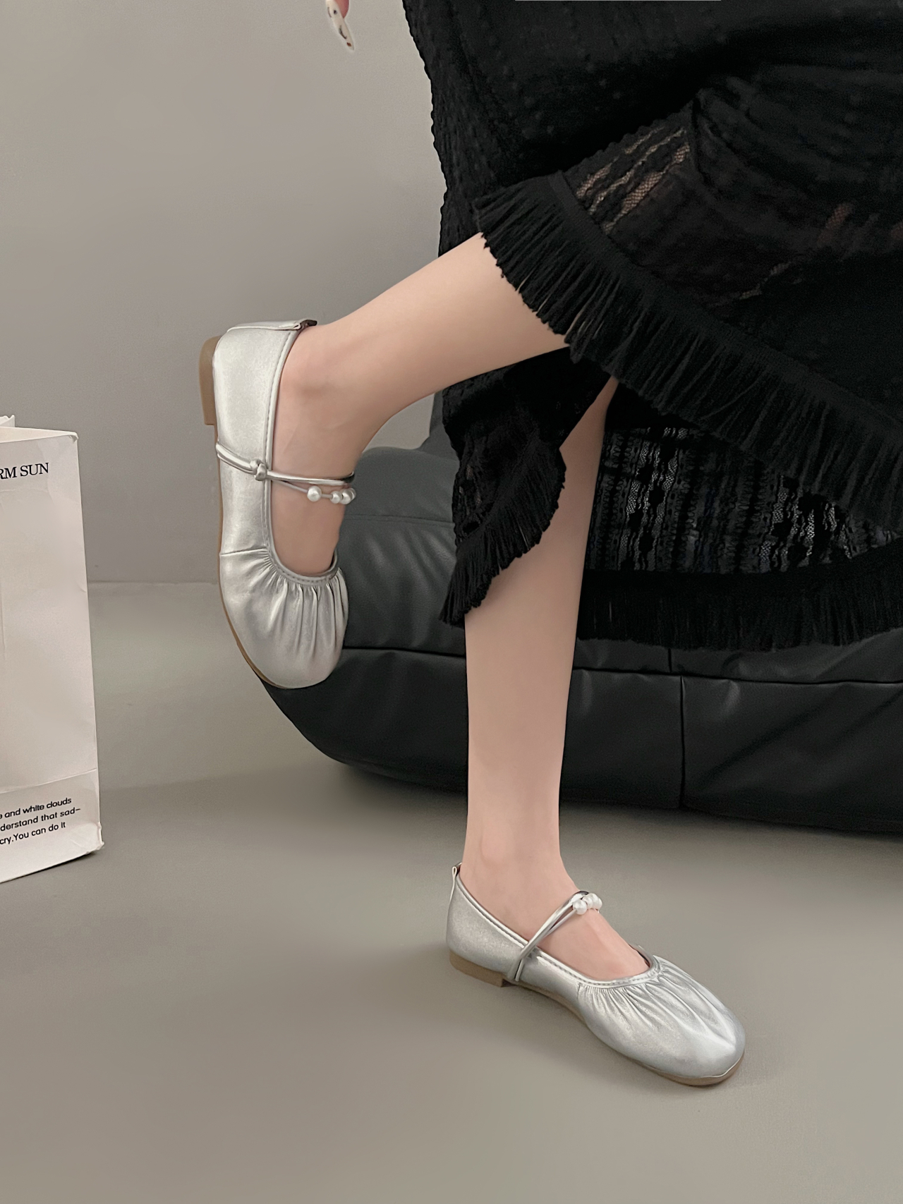 Chic Silver Mary Jane Flats – Elegant French Style Slip-On Dress Shoes for Women