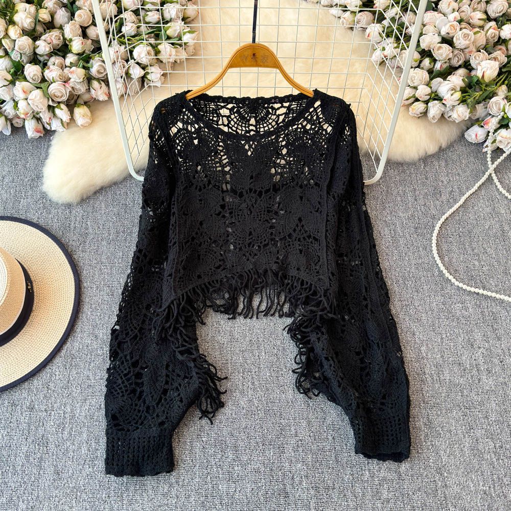 Women's Chic Hollow-Out Knit Crop Blouse - Sexy Batwing Long Sleeve Cover-Up