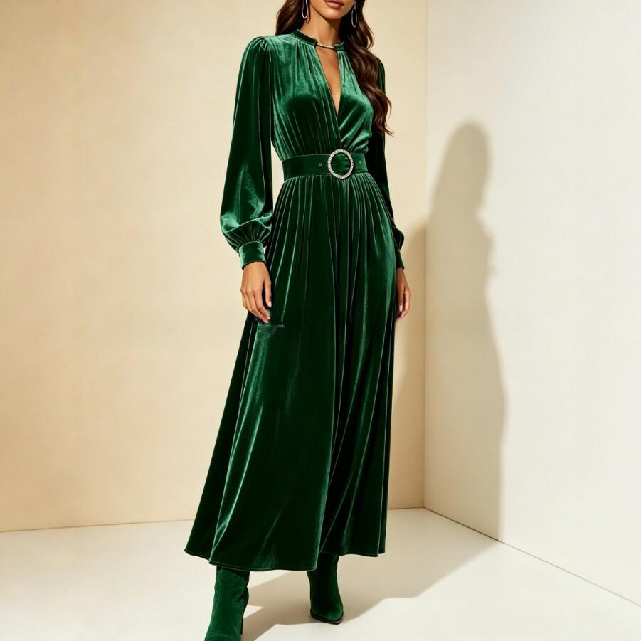 Elegant Velvet V-Neck Maxi Dress - High-Waist Lantern Sleeve Evening Gown
