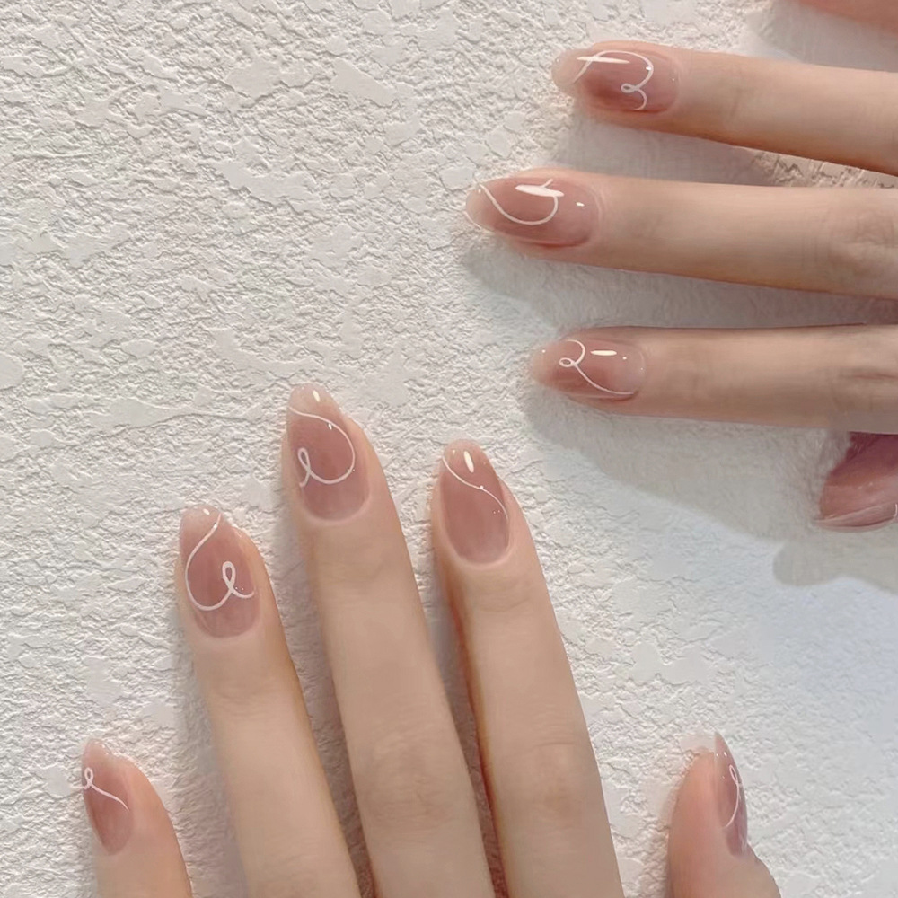 Cute Heart Pattern Short Oval Press-On Nails Set - 24 Pcs Acrylic Fake Nails Kit with Jelly Glue & Nail File