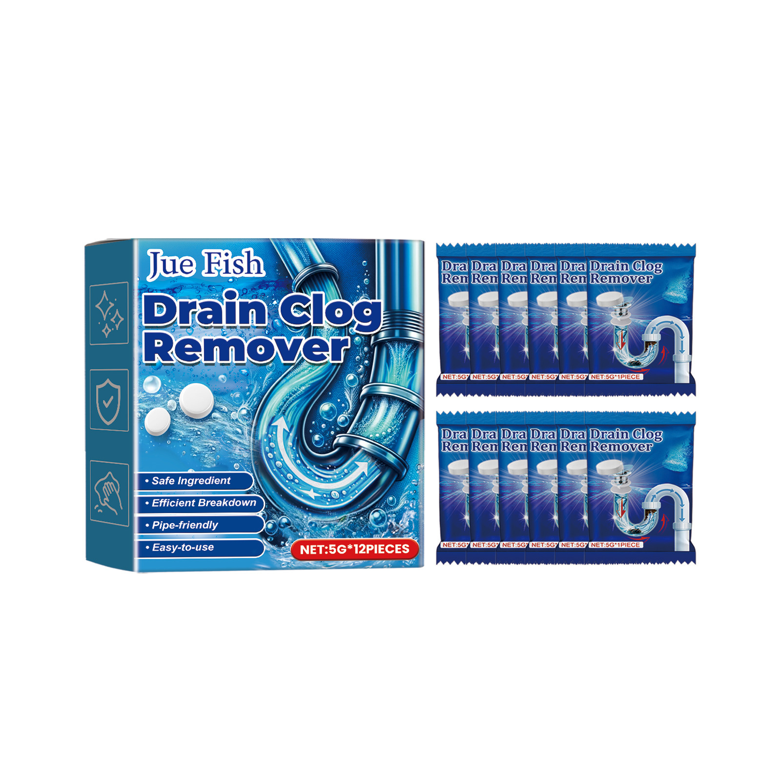 Juefish Effervescent Drain Cleaning Tablets - Powerful Clog Remover & Deodorizer for Toilets, Kitchen Sinks, and Floor Drains