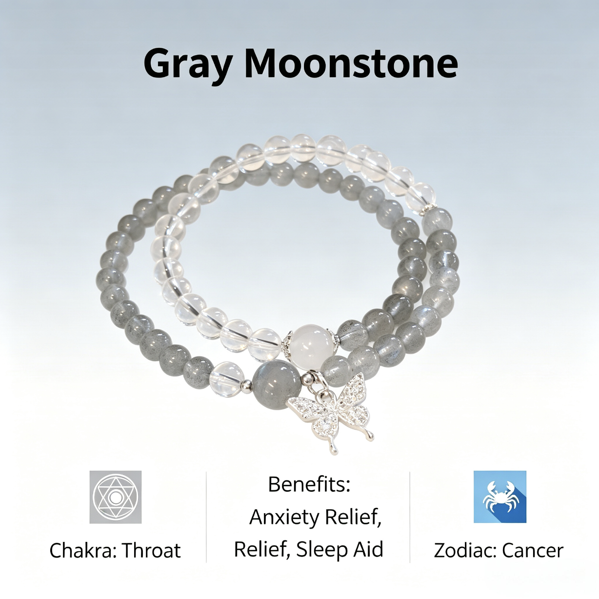 Natural Gray Moonstone Throat Chakra Bracelet - Calming Crystal Jewelry for Anxiety Relief & Sleep Aid