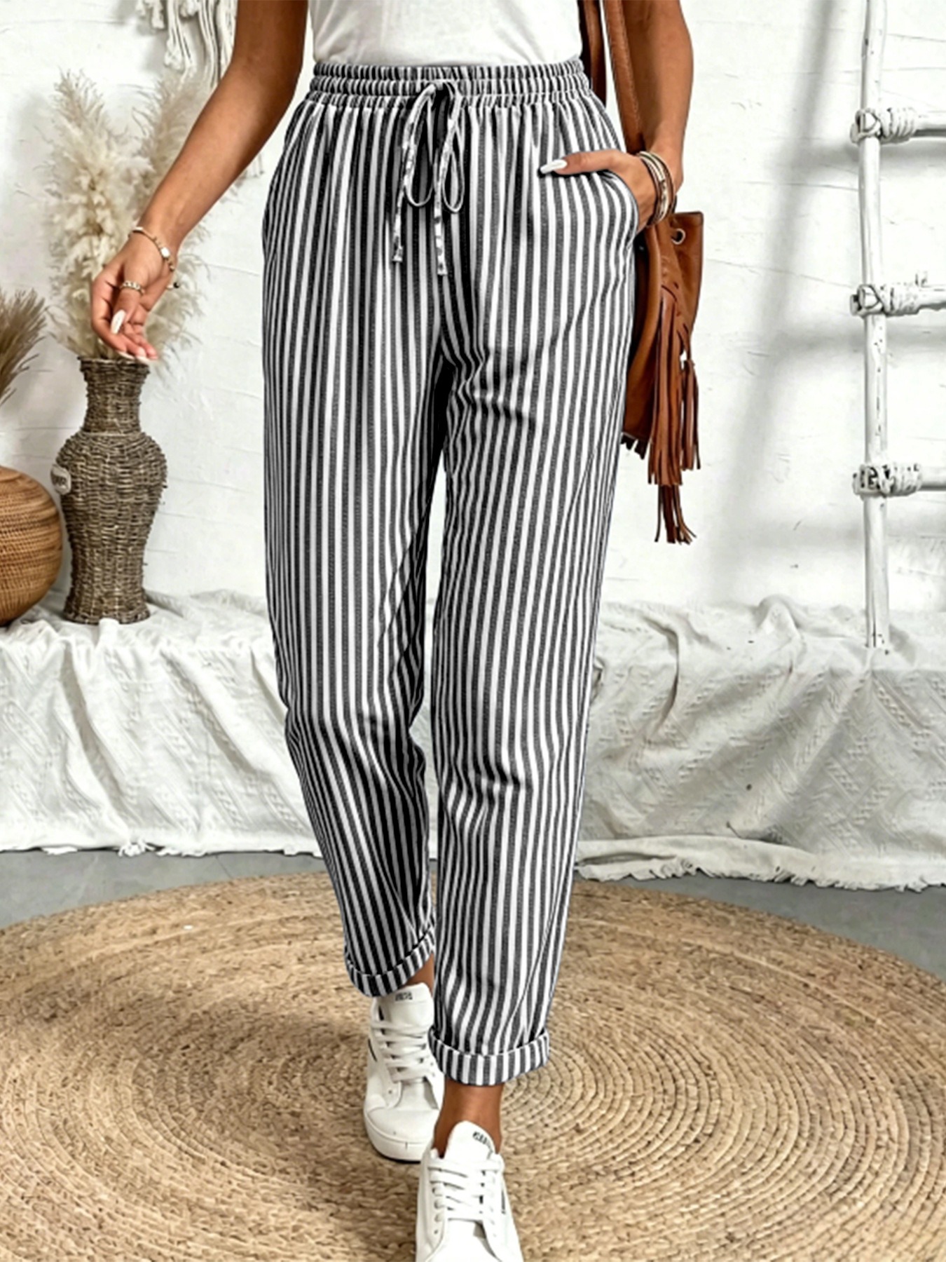 Chic Women's Striped Drawstring Pencil Pants – Versatile Casual Slim-Fit Trousers