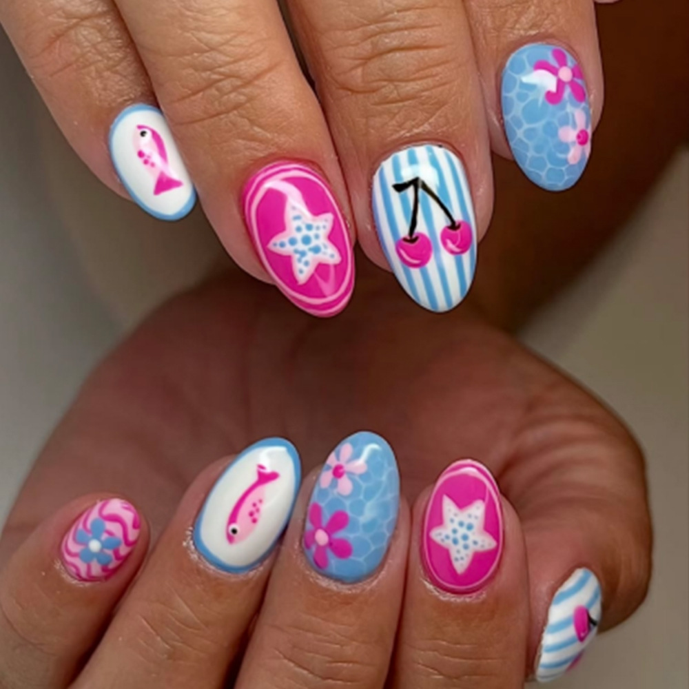 24 Pcs Short Almond Press-On Nails - Cute Cherry & Starfish Acrylic Nail Kit with Jelly Glue