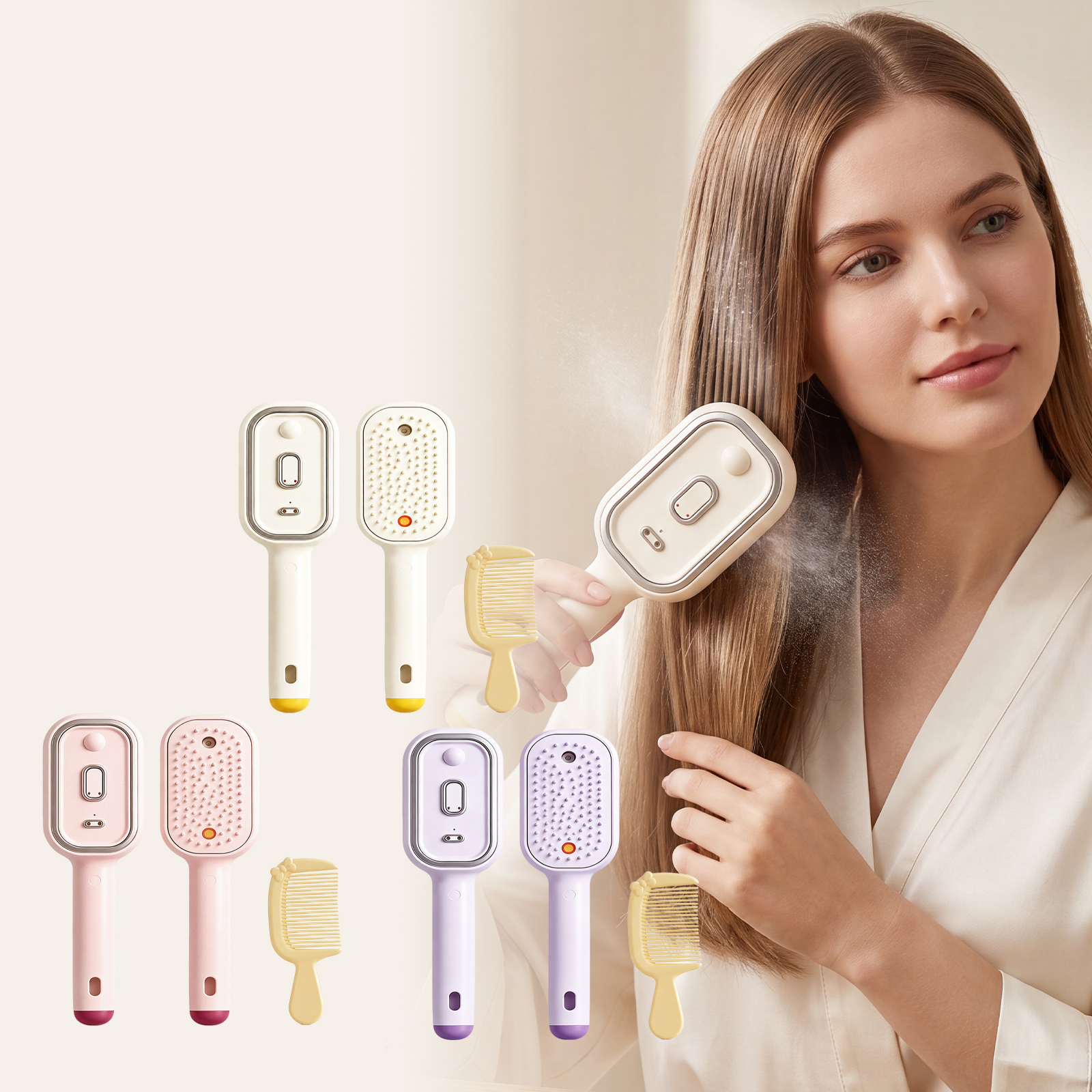 Electric Spray Massage Hairbrush Set - 2-Piece Scalp Care & Hydrating Detangling Brush (Beige & Yellow)