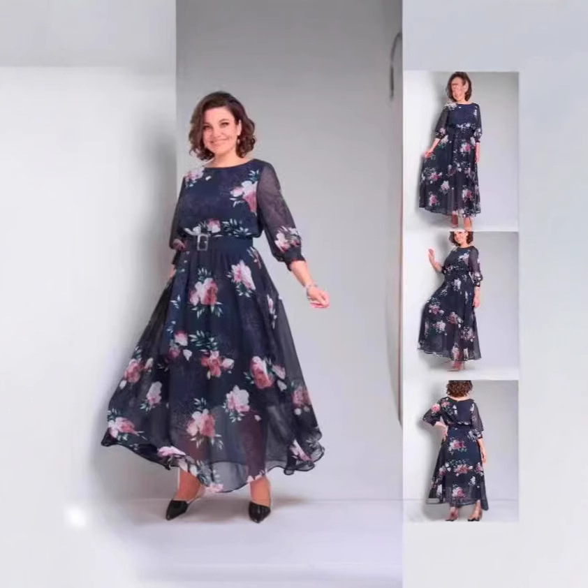 Women's Retro Floral Print Midi Dress - Elegant A-Line Casual Long Sleeve Summer Dress