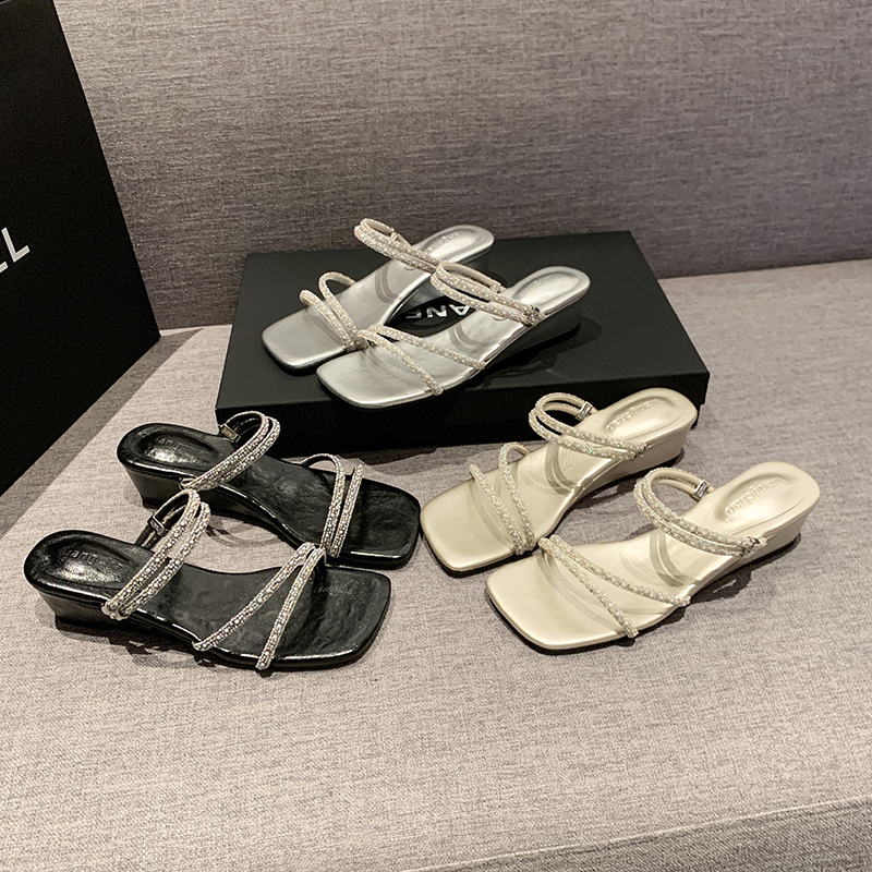 Elegant French Rhinestone Ankle Strap Sandals - Chic Low Block Heel Square Open Toe Summer Shoes