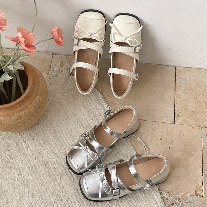 Chic Silver Mary Jane Flats - Soft Sole Square Toe Ballet Shoes with Bow Buckle Strap