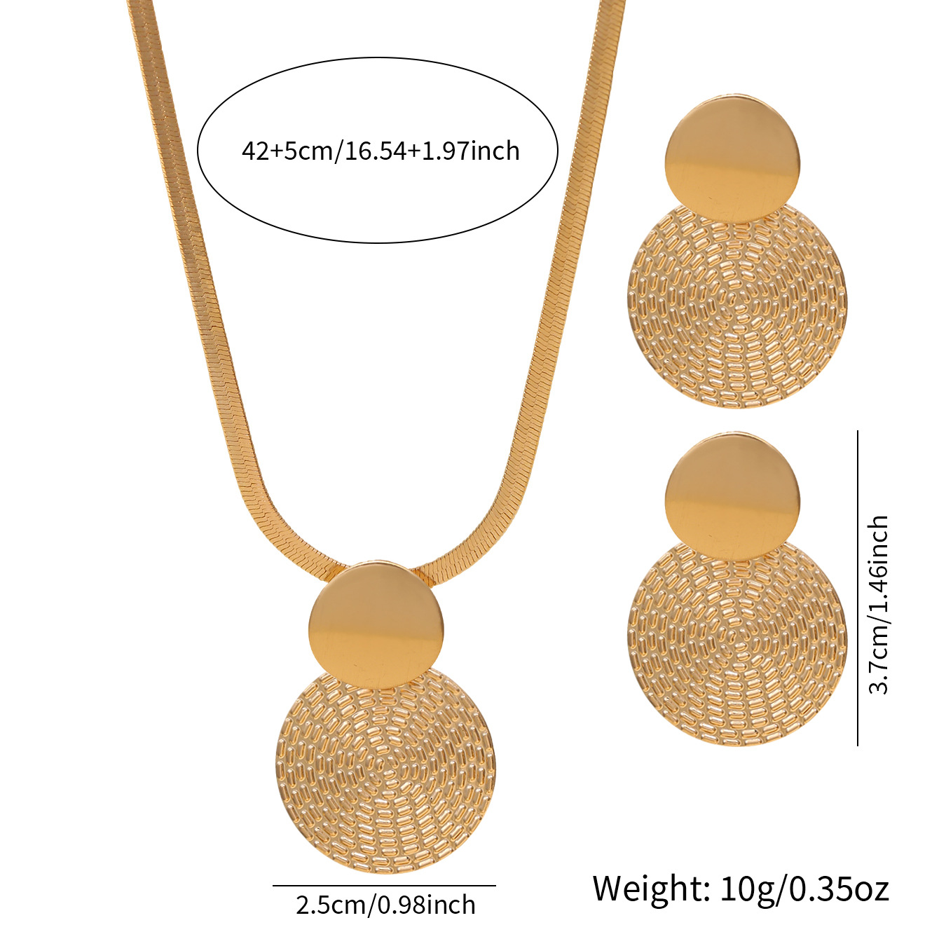 Vintage Textured Geometric Statement Jewelry Set - Elegant Matte Gold Necklace & Stud Earrings for Women
