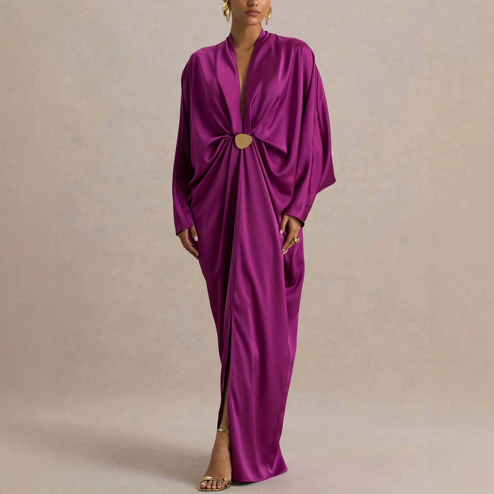 Women's Elegant V-Neck Long Sleeve Dress | Relaxed Fit Flared Midi Dress